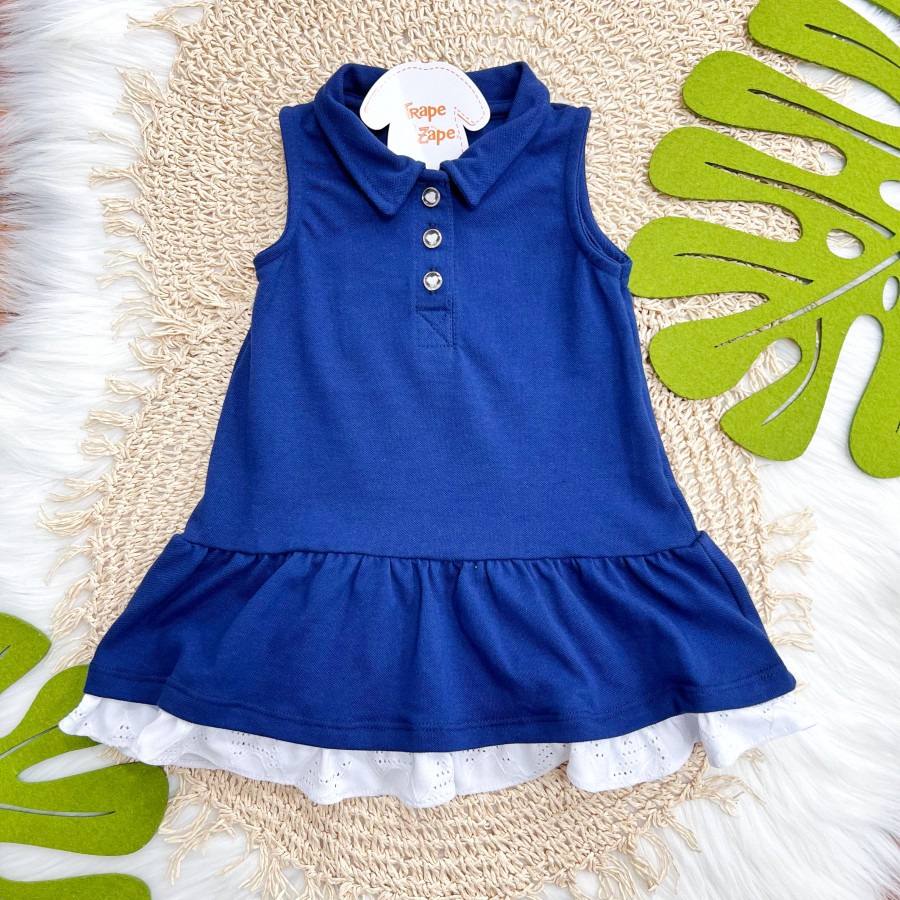 Vestido Polo em Piquet com Lese - Marinho e Branco